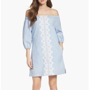 Eliza J Lace Trim Seersucker Off the Shoulder Dress